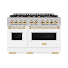 ZLINE Autograph Edition 48 in. 6.7 cu. ft. Classic Double Oven Gas Range with 8 Burner Cooktop in Satin Stainless Steel with White Matte Doors and Polished Gold Accents - CGRSZ-WM-48-G - The Home Selection