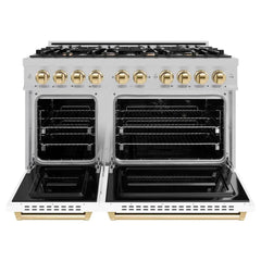 ZLINE Autograph Edition 48 in. 6.7 cu. ft. Classic Double Oven Gas Range with 8 Burner Cooktop in Satin Stainless Steel with White Matte Doors and Polished Gold Accents - CGRSZ-WM-48-G - The Home Selection