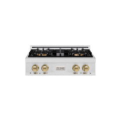 ZLINE 30 in. Classic Gas Rangetop with 4 Burner DuoPro™ Cooktop in Sat - Satin Stainless Steel with Champagne Bronze Accents