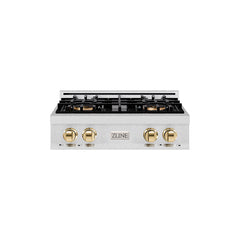 ZLINE 30 in. Classic Gas Rangetop with 4 Burner DuoPro™ Cooktop in Sat - Satin Stainless Steel with Polished Gold Accents