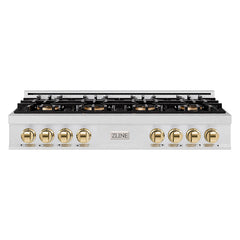 ZLINE 48 in. Classic Gas Rangetop with 8 Burner DuoPro™ Cooktop in Sat - Satin Stainless Steel with Polished Gold Accents