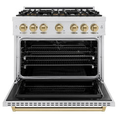 ZLINE Autograph Edition 36 in. 5.2 cu. ft. Classic Dual Fuel Range with 6 Burner DuoPro™ Cooktop and Electric Convection Oven in Satin Stainless Steel and Champagne Bronze Accents - PCDRSZ-36-CB - The Home Selection