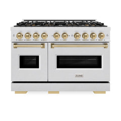 ZLINE Autograph Edition 48 in. 6.7 cu. ft. Classic Dual Fuel Range with 8 Burner DuoPro™ Cooktop and Dual Ovens in Satin Stainless Steel and Champagne Bronze Accents - PCDRSZ-48-CB - The Home Selection