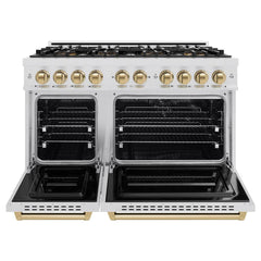 ZLINE Autograph Edition 48 in. 6.7 cu. ft. Classic Dual Fuel Range with 8 Burner DuoPro™ Cooktop and Dual Ovens in Satin Stainless Steel and Champagne Bronze Accents - PCDRSZ-48-CB - The Home Selection