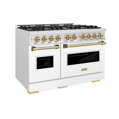 ZLINE Autograph Edition 48 in. 6.7 cu. ft. Classic Dual Fuel Range with 8 Burner DuoPro™ Cooktop and Dual Ovens in Satin Stainless Steel with White Matte Doors and Champagne Bronze Accents - PCDRSZ-WM-48-CB - The Home Selection