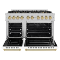 ZLINE Autograph Edition 48 in. 6.7 cu. ft. Classic Dual Fuel Range with 8 Burner DuoPro™ Cooktop and Dual Ovens in Satin Stainless Steel with White Matte Doors and Champagne Bronze Accents - PCDRSZ-WM-48-CB - The Home Selection
