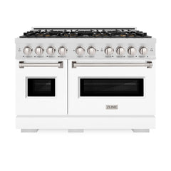 ZLINE 48 in. 6.7 cu. ft. Classic Gas Range with 8 Burner DuoPro™ Cooktop and Dual Ovens in Satin Stainless Steel with White Matte Doors - PCGRS-WM-48