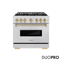 ZLINE Autograph Edition 36 in. 5.2 cu. ft. Classic Gas Range with 6 Burner DuoPro™ Cooktop and Convection Gas Oven in Satin Stainless Steel and Champagne Bronze Accents - PCGRSZ-36-CB - The Home Selection