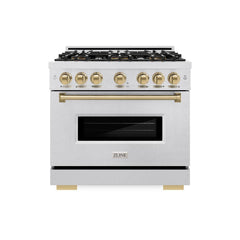ZLINE Autograph Edition 36 in. 5.2 cu. ft. Classic Gas Range with 6 Burner DuoPro™ Cooktop and Convection Gas Oven in Satin Stainless Steel and Champagne Bronze Accents - PCGRSZ-36-CB - The Home Selection