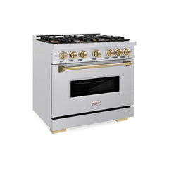 ZLINE Autograph Edition 36 in. 5.2 cu. ft. Classic Gas Range with 6 Burner DuoPro™ Cooktop and Convection Gas Oven in Satin Stainless Steel and Champagne Bronze Accents - PCGRSZ-36-CB - The Home Selection