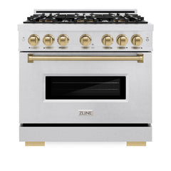 ZLINE Autograph Edition 36 in. 5.2 cu. ft. Classic Gas Range with 6 Burner DuoPro™ Cooktop and Convection Gas Oven in Satin Stainless Steel and Champagne Bronze Accents - PCGRSZ-36-CB - The Home Selection
