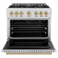 ZLINE Autograph Edition 36 in. 5.2 cu. ft. Classic Gas Range with 6 Burner DuoPro™ Cooktop and Convection Gas Oven in Satin Stainless Steel and Champagne Bronze Accents - PCGRSZ-36-CB - The Home Selection