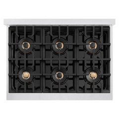 ZLINE Autograph Edition 36 in. 5.2 cu. ft. Classic Gas Range with 6 Burner DuoPro™ Cooktop and Convection Gas Oven in Satin Stainless Steel and Champagne Bronze Accents - PCGRSZ-36-CB - The Home Selection