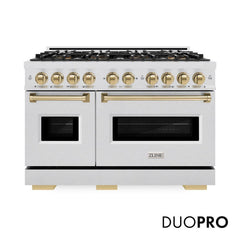 ZLINE Autograph Edition 48 in. 6.7 cu. ft. Classic Gas Range with 8 Burner DuoPro™ Cooktop and Dual Ovens in Satin Stainless Steel and Champagne Bronze Accents - PCGRSZ-48-CB - The Home Selection