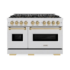 ZLINE Autograph Edition 48 in. 6.7 cu. ft. Classic Gas Range with 8 Burner DuoPro™ Cooktop and Dual Ovens in Satin Stainless Steel and Champagne Bronze Accents - PCGRSZ-48-CB - The Home Selection