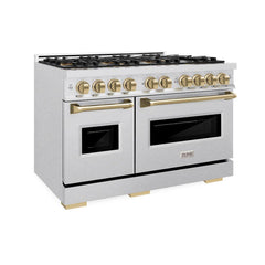 ZLINE Autograph Edition 48 in. 6.7 cu. ft. Classic Gas Range with 8 Burner DuoPro™ Cooktop and Dual Ovens in Satin Stainless Steel and Champagne Bronze Accents - PCGRSZ-48-CB - The Home Selection