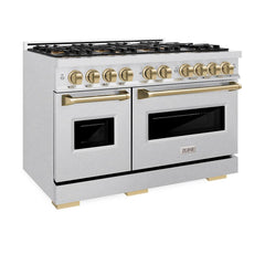ZLINE Autograph Edition 48 in. 6.7 cu. ft. Classic Gas Range with 8 Burner DuoPro™ Cooktop and Dual Ovens in Satin Stainless Steel and Champagne Bronze Accents - PCGRSZ-48-CB - The Home Selection