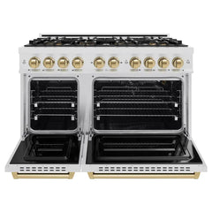 ZLINE Autograph Edition 48 in. 6.7 cu. ft. Classic Gas Range with 8 Burner DuoPro™ Cooktop and Dual Ovens in Satin Stainless Steel and Champagne Bronze Accents - PCGRSZ-48-CB - The Home Selection