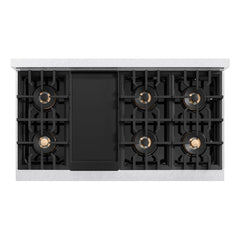 ZLINE Autograph Edition 48 in. 6.7 cu. ft. Classic Gas Range with 8 Burner DuoPro™ Cooktop and Dual Ovens in Satin Stainless Steel and Champagne Bronze Accents - PCGRSZ-48-CB - The Home Selection
