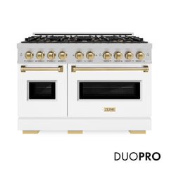 ZLINE Autograph Edition 48 in. 6.7 cu. ft. Classic Gas Range with 8 Burner DuoPro™ Cooktop and Dual Ovens in Satin Stainless Steel with White Matte Doors and Champagne Bronze Accents - PCGRSZ-WM-48-CB - The Home Selection