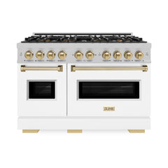 ZLINE Autograph Edition 48 in. 6.7 cu. ft. Classic Gas Range with 8 Burner DuoPro™ Cooktop and Dual Ovens in Satin Stainless Steel with White Matte Doors and Champagne Bronze Accents - PCGRSZ-WM-48-CB - The Home Selection