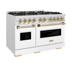 ZLINE Autograph Edition 48 in. 6.7 cu. ft. Classic Gas Range with 8 Burner DuoPro™ Cooktop and Dual Ovens in Satin Stainless Steel with White Matte Doors and Champagne Bronze Accents - PCGRSZ-WM-48-CB - The Home Selection