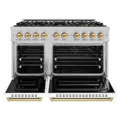 ZLINE Autograph Edition 48 in. 6.7 cu. ft. Classic Gas Range with 8 Burner DuoPro™ Cooktop and Dual Ovens in Satin Stainless Steel with White Matte Doors and Champagne Bronze Accents - PCGRSZ-WM-48-CB - The Home Selection