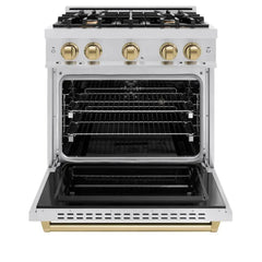 ZLINE Autograph Edition 30 in. 4.2 cu. ft. Classic Dual Fuel Range with 4 Burner Gas Cooktop and Electric Convection Oven in Stainless Steel with Champagne Bronze Accents - CDRZ-30-CB - The Home Selection