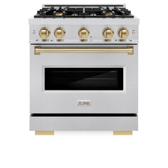 ZLINE Autograph Edition 30 in. 4.2 cu. ft. Classic Dual Fuel Range with 4 Burner Gas Cooktop and Electric Convection Oven in Stainless Steel with Champagne Bronze Accents - CDRZ-30-CB - The Home Selection