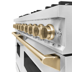ZLINE Autograph Edition 48 in. 6.7 cu. ft. Classic Double Oven Dual Fuel Range with 8 Burner Gas Cooktop in Stainless Steel and Champagne Bronze Accents - CDRZ-48-CB - The Home Selection