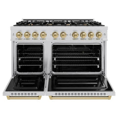 ZLINE Autograph Edition 48 in. 6.7 cu. ft. Classic Double Oven Dual Fuel Range with 8 Burner Gas Cooktop in Stainless Steel and Champagne Bronze Accents - CDRZ-48-CB - The Home Selection