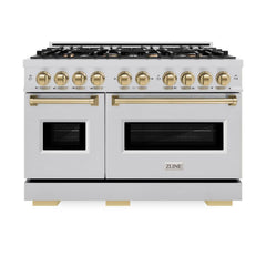 ZLINE Autograph Edition 48 in. 6.7 cu. ft. Classic Double Oven Dual Fuel Range with 8 Burner Gas Cooktop in Stainless Steel and Champagne Bronze Accents - CDRZ-48-CB - The Home Selection