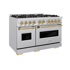 ZLINE Autograph Edition 48 in. 6.7 cu. ft. Classic Double Oven Dual Fuel Range with 8 Burner Gas Cooktop in Stainless Steel and Champagne Bronze Accents - CDRZ-48-CB - The Home Selection