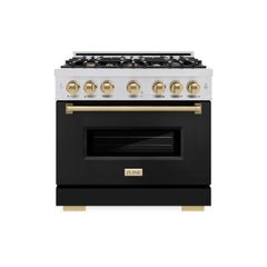 ZLINE Autograph Edition 36 in. 5.2 cu. ft. Classic Dual Fuel Range with 6 Burner Gas Cooktop and Electric Convection Oven in Stainless Steel with Black Matte Door and Champagne Bronze Accents - CDRZ-BLM-36-CB - The Home Selection