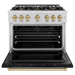 ZLINE Autograph Edition 36 in. 5.2 cu. ft. Classic Dual Fuel Range with 6 Burner Gas Cooktop and Electric Convection Oven in Stainless Steel with Black Matte Door and Champagne Bronze Accents - CDRZ-BLM-36-CB - The Home Selection