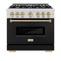 ZLINE Autograph Edition 36 in. 5.2 cu. ft. Classic Dual Fuel Range with 6 Burner Gas Cooktop and Electric Convection Oven in Stainless Steel with Black Matte Door and Champagne Bronze Accents - CDRZ-BLM-36-CB - The Home Selection