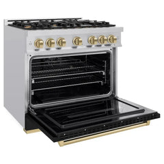 ZLINE Autograph Edition 36 in. 5.2 cu. ft. Classic Dual Fuel Range with 6 Burner Gas Cooktop and Electric Convection Oven in Stainless Steel with Black Matte Door and Champagne Bronze Accents - CDRZ-BLM-36-CB - The Home Selection