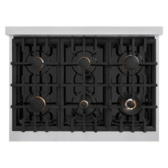 ZLINE Autograph Edition 36 in. 5.2 cu. ft. Classic Dual Fuel Range with 6 Burner Gas Cooktop and Electric Convection Oven in Stainless Steel with Black Matte Door and Champagne Bronze Accents - CDRZ-BLM-36-CB - The Home Selection