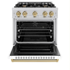 ZLINE Autograph Edition 30 in. 4.2 cu. ft. Classic Dual Fuel Range with 4 Burner Gas Cooktop and Electric Convection Oven in Stainless Steel with White Matte Door and Champagne Bronze Accents - CDRZ-WM-30-CB - The Home Selection
