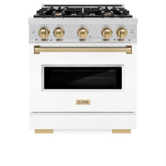 ZLINE Autograph Edition 30 in. 4.2 cu. ft. Classic Dual Fuel Range with 4 Burner Gas Cooktop and Electric Convection Oven in Stainless Steel with White Matte Door and Champagne Bronze Accents - CDRZ-WM-30-CB - The Home Selection