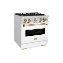 ZLINE Autograph Edition 30 in. 4.2 cu. ft. Classic Dual Fuel Range with 4 Burner Gas Cooktop and Electric Convection Oven in Stainless Steel with White Matte Door and Champagne Bronze Accents - CDRZ-WM-30-CB - The Home Selection