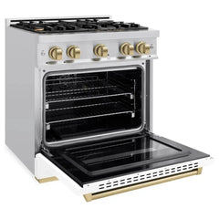 ZLINE Autograph Edition 30 in. 4.2 cu. ft. Classic Dual Fuel Range with 4 Burner Gas Cooktop and Electric Convection Oven in Stainless Steel with White Matte Door and Champagne Bronze Accents - CDRZ-WM-30-CB - The Home Selection