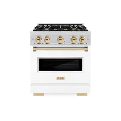 ZLINE Autograph Edition 30 in. 4.2 cu. ft. Classic Dual Fuel Range with 4 Burner Gas Cooktop and Electric Convection Oven in Stainless Steel with White Matte Door and Polished Gold Accents - CDRZ-WM-30-G - The Home Selection