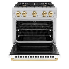 ZLINE Autograph Edition 30 in. 4.2 cu. ft. Classic Dual Fuel Range with 4 Burner Gas Cooktop and Electric Convection Oven in Stainless Steel with White Matte Door and Polished Gold Accents - CDRZ-WM-30-G - The Home Selection