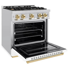 ZLINE Autograph Edition 30 in. 4.2 cu. ft. Classic Dual Fuel Range with 4 Burner Gas Cooktop and Electric Convection Oven in Stainless Steel with White Matte Door and Polished Gold Accents - CDRZ-WM-30-G - The Home Selection