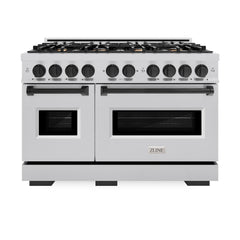 ZLINE Autograph Edition 48 in. 6.7 cu. ft. Classic Double Oven Dual Fuel Range with 8 Burner Gas Cooktop in Stainless Steel and Matte Black Accents - CDRZ-48-MB - The Home Selection