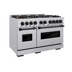 ZLINE Autograph Edition 48 in. 6.7 cu. ft. Classic Double Oven Dual Fuel Range with 8 Burner Gas Cooktop in Stainless Steel and Matte Black Accents - CDRZ-48-MB - The Home Selection