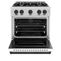 ZLINE Autograph Edition 30 in. 4.2 cu. ft. Classic Dual Fuel Range with 4 Burner Gas Cooktop and Electric Convection Oven in Stainless Steel with White Matte Door and Matte Black Accents - CDRZ-WM-30-MB - The Home Selection