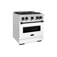 ZLINE Autograph Edition 30 in. 4.2 cu. ft. Classic Dual Fuel Range with 4 Burner Gas Cooktop and Electric Convection Oven in Stainless Steel with White Matte Door and Matte Black Accents - CDRZ-WM-30-MB - The Home Selection
