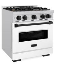 ZLINE Autograph Edition 30 in. 4.2 cu. ft. Classic Dual Fuel Range with 4 Burner Gas Cooktop and Electric Convection Oven in Stainless Steel with White Matte Door and Matte Black Accents - CDRZ-WM-30-MB - The Home Selection